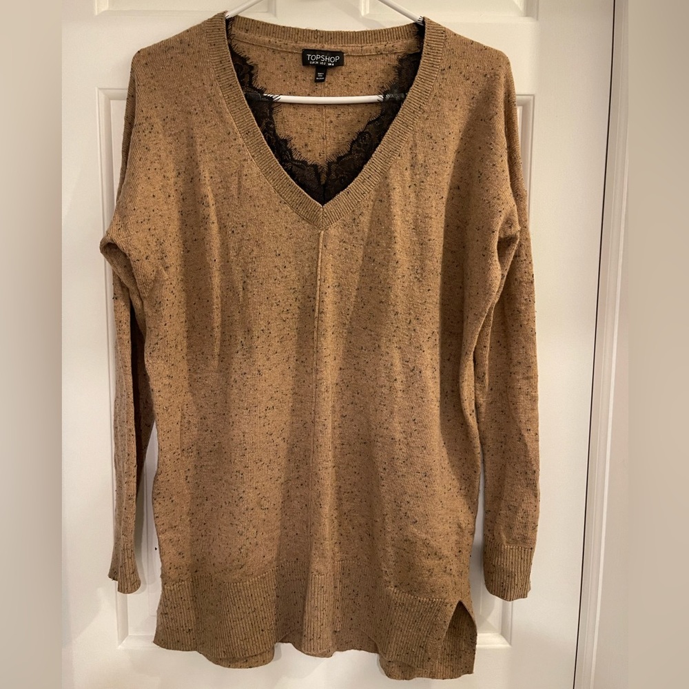 Topshop Long V Neck Sweater with Lace Trim